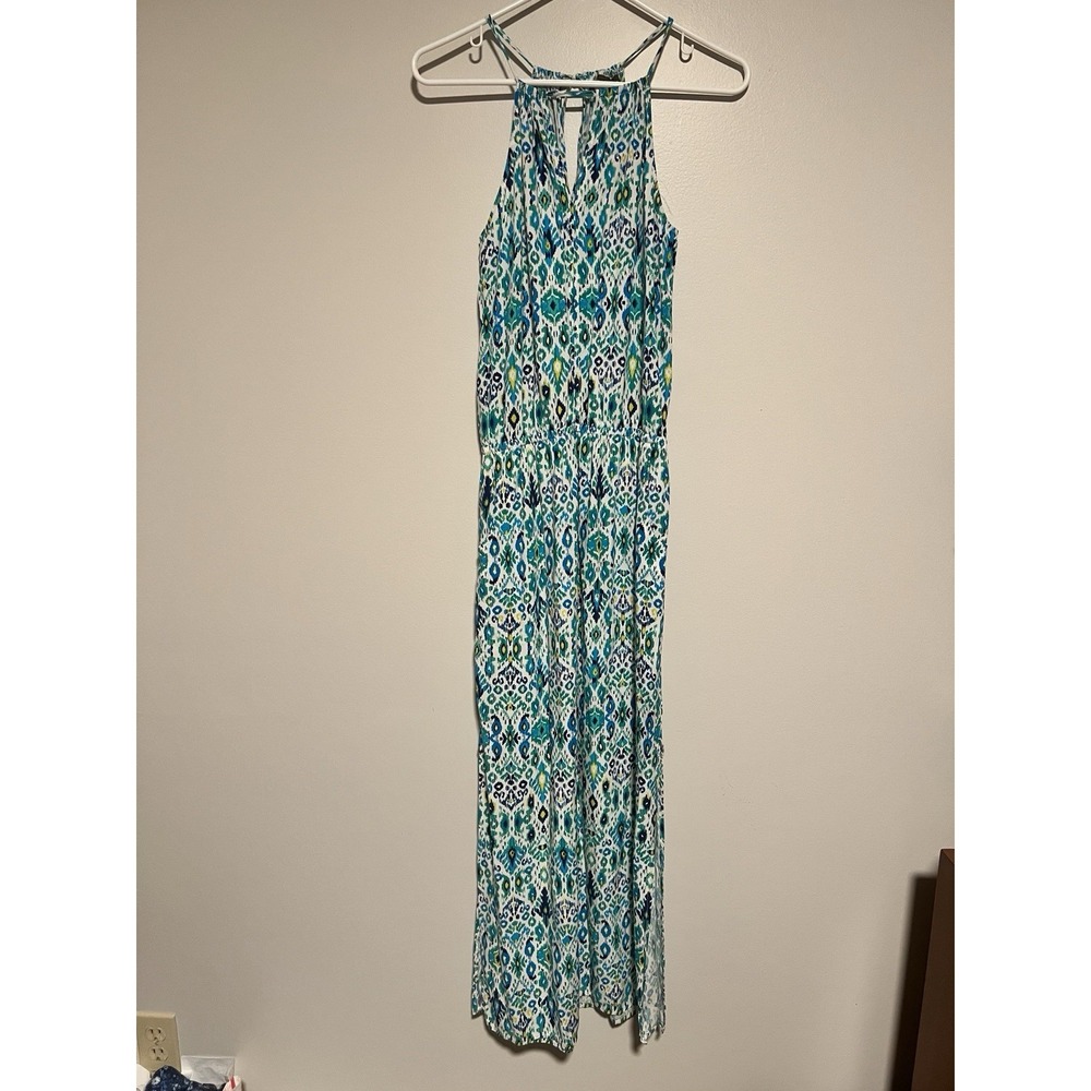 Tommy Bahama Boho Blue White Maxi Dress High Neck Halter Size XS Vacation Beach